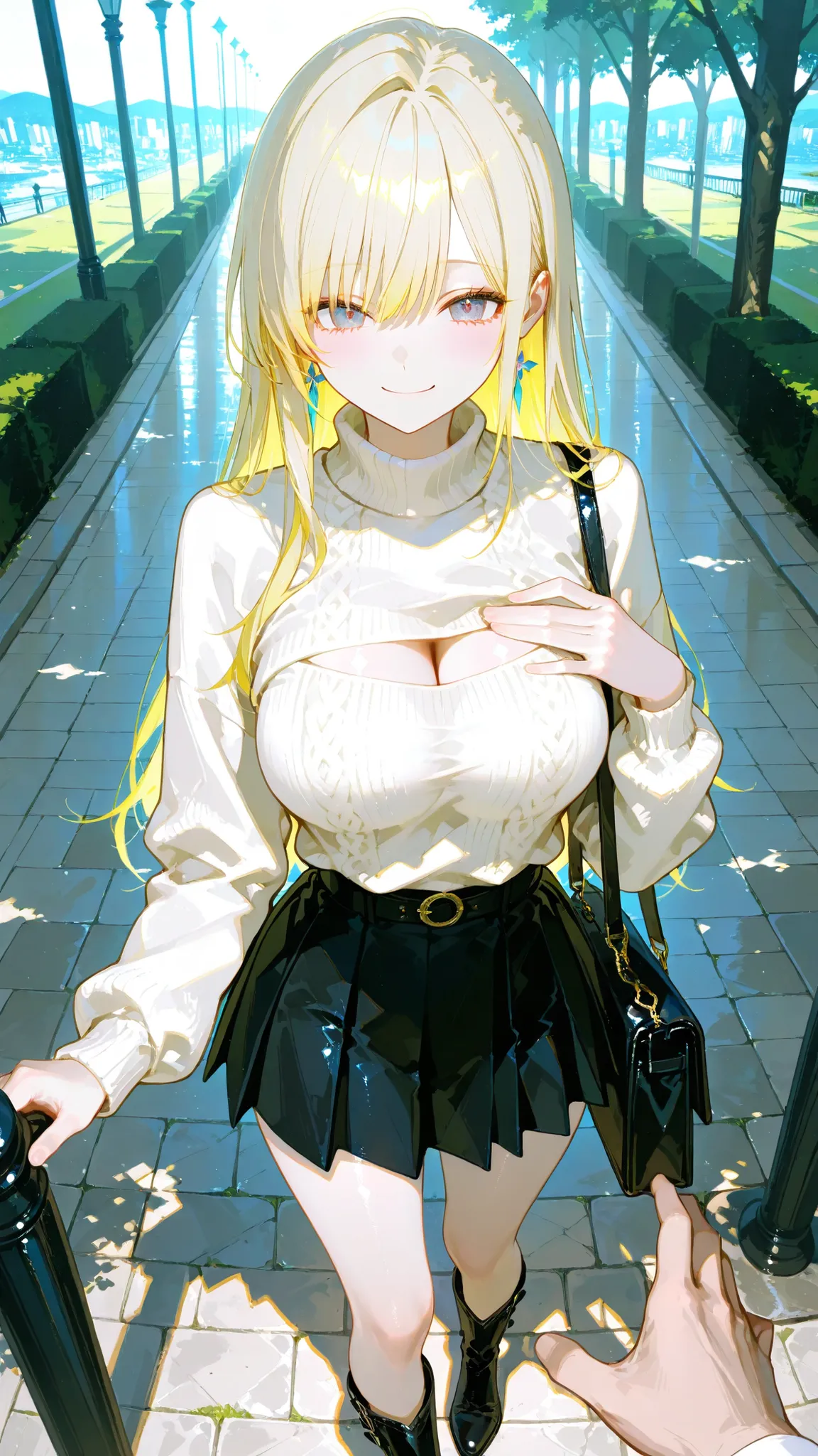exquisite realistic style（0.8）, Master Level,Extreme Details,Professional Post-Treatment,Masterpiece,anime style（1.2）,best quality,high resolution,8K,Soft Light、bright colors、glossy skin、delicate skin texture、Pale blonde、Shoe details 、  walk in the park、Wh...