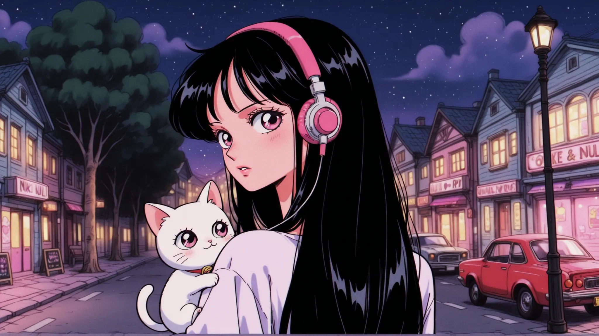 Retro, city pop, Low brightness, 1girl, solo, has, headphones, car, black hair,long straight hair,茜色のnull, look back, One Piece, night,  lamp post , Outdoors, building, blush, Star (null), upper body, long hair, from behind, tree, pink eyes, parted lip hol...
