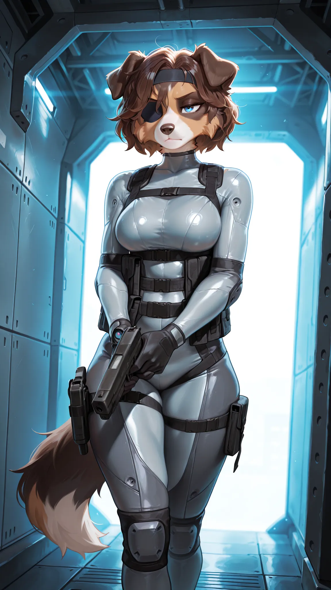 masterpiece, best quality, amazing quality, very aesthetic, high resolution, ultra-detailed, absurdres, newest, scenery, 1girl, dog (Border Collie), furry female, blue eye, brown hair messy hair, short hair, (25-year-old woman), closed mouth, serious expre...