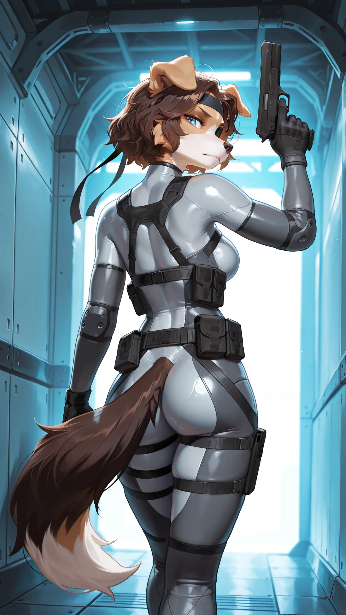 masterpiece, best quality, amazing quality, very aesthetic, high resolution, ultra-detailed, absurdres, newest, scenery, 1girl, dog (Border Collie), furry female, blue eye, brown hair messy hair, short hair, (25-year-old woman), closed mouth, serious expre...
