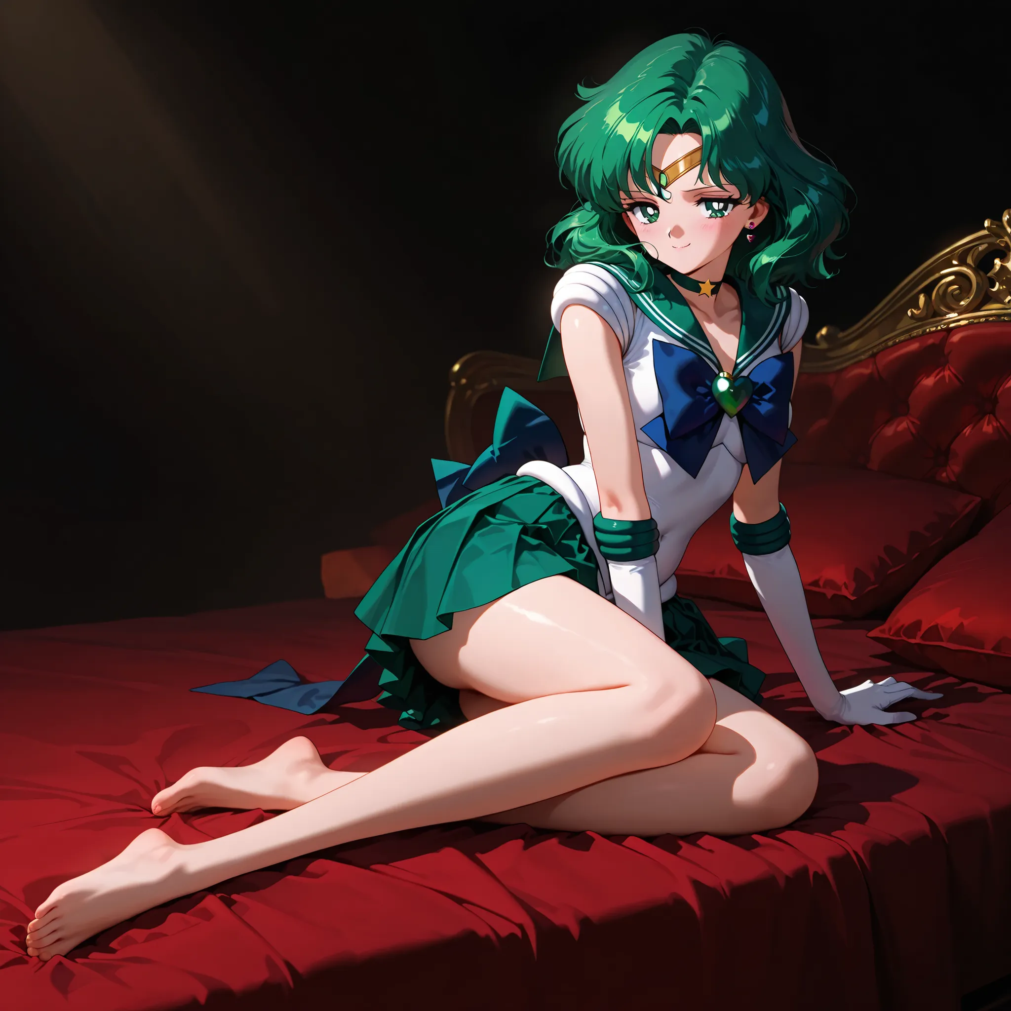 masterpiece, amazing quality, best quality, ultra-detailed, 8K, illustration, clear skin, ultra-detailed-eyes, soft skin, very awa, very as2, soft body, 1990s \(style\), official art, michiru kaiou, green eyes, forehead jewel, green hair, medium hair, tiar...
