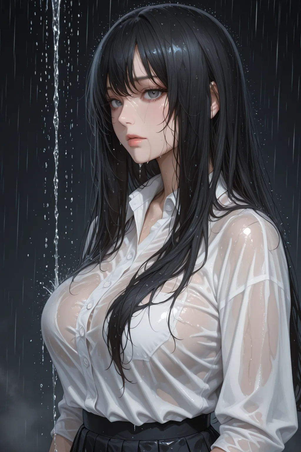 A woman standing in the pouring rain, with large breasts. black long hair,She is wearing a white blouse and skirt. Her shirt is transparent due to the rain. Her body and hair are wet, and her face is tear-stained. She looks at the viewer. Upper body,dark and eerie atmosphere.