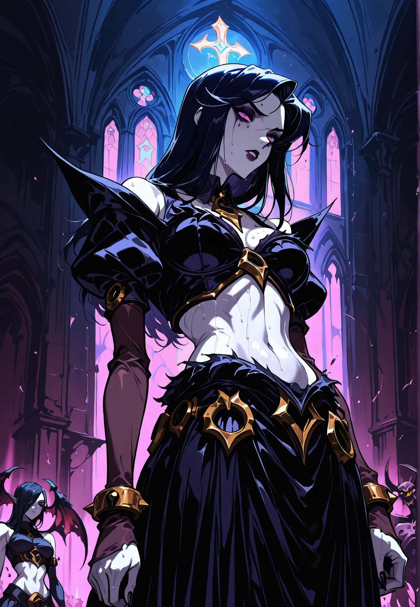 Gargoyle girl, morgana from league of legends, upper body shot, black hair, pale skin, goth dress, morgana dress, collared, slave, ruined makeup, goth make-up, gray rocky skin,  breasts, church, bare belly, exposed midriff, pierced, long black hair, sweaty...