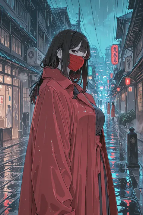 Downpour of rain. A gloomy atmosphere,solo,Japanese mother,Large breast,black Hair,long hair,Red long coat,The front of his coat is tightly closed,face mask,pale skin,Japanese city center at night, eerie atmosphere,Staring viewers.