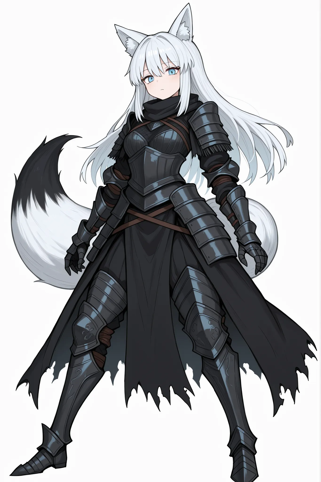 blacksouls style, fox girl, white background, solo, one tail, gauntlets greaves, blue eyes
