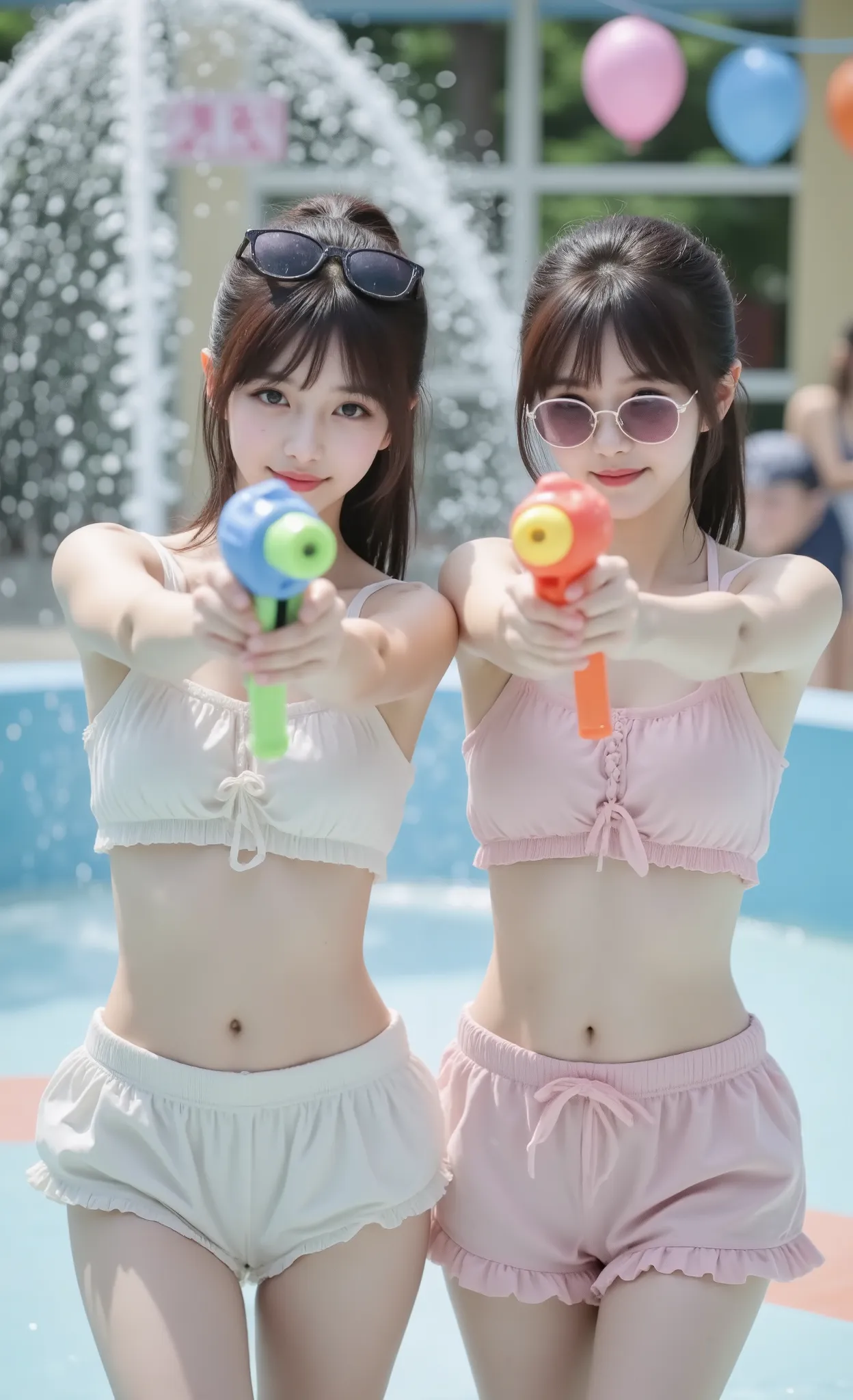  ultra-realistic high-speed summer scene ， showing two playful young women ， Pointing colorful water guns directly at the camera;  both with a mischievous look , playful smile， water bursting in the air ， face the audience ，clearly visible, semi-transparen...
