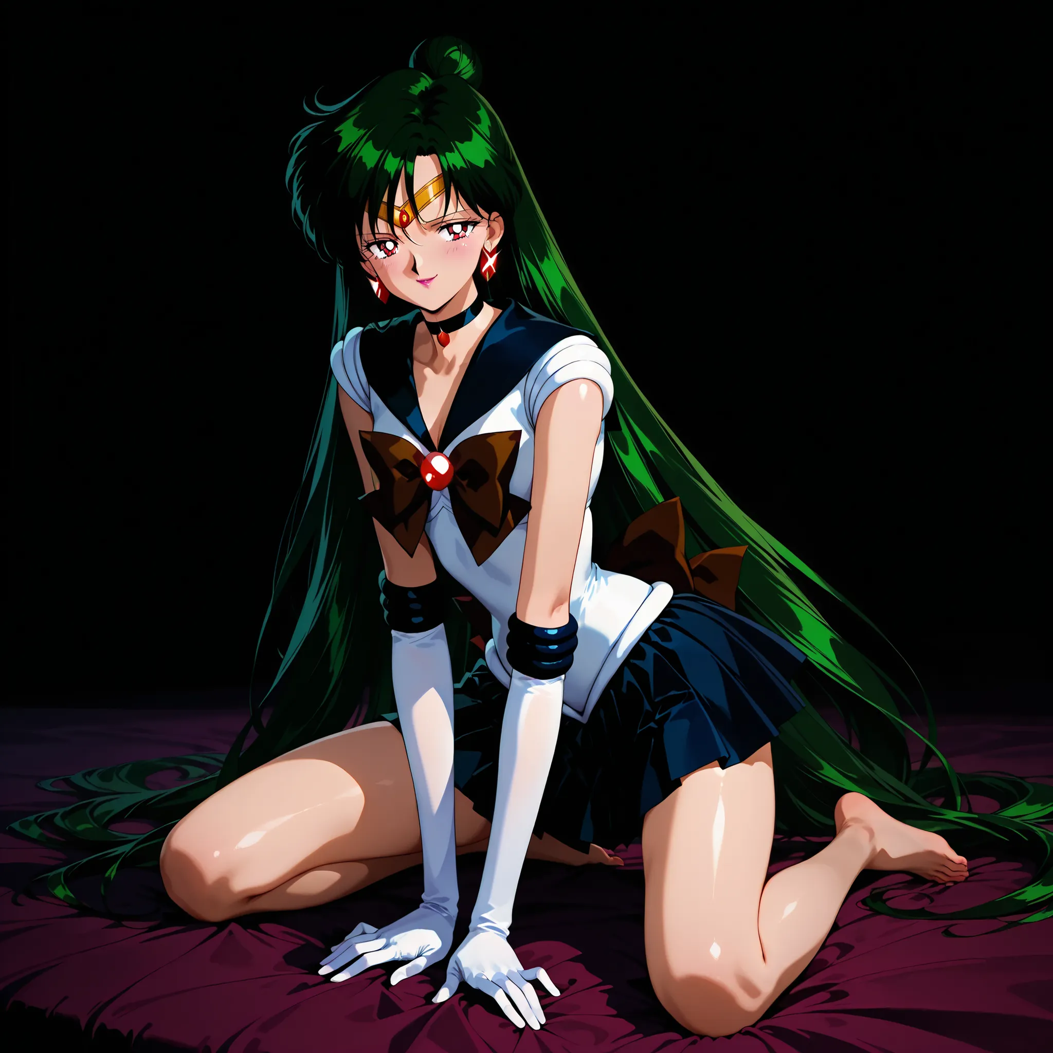 masterpiece, amazing quality, best quality, ultra-detailed, 8K, illustration, clear skin, ultra-detailed-eyes, soft skin, very awa, very as2, soft body, 1990s \(style\), official art, setsuna meiou, long hair, red eyes, very long hair, green hair, hair bun...
