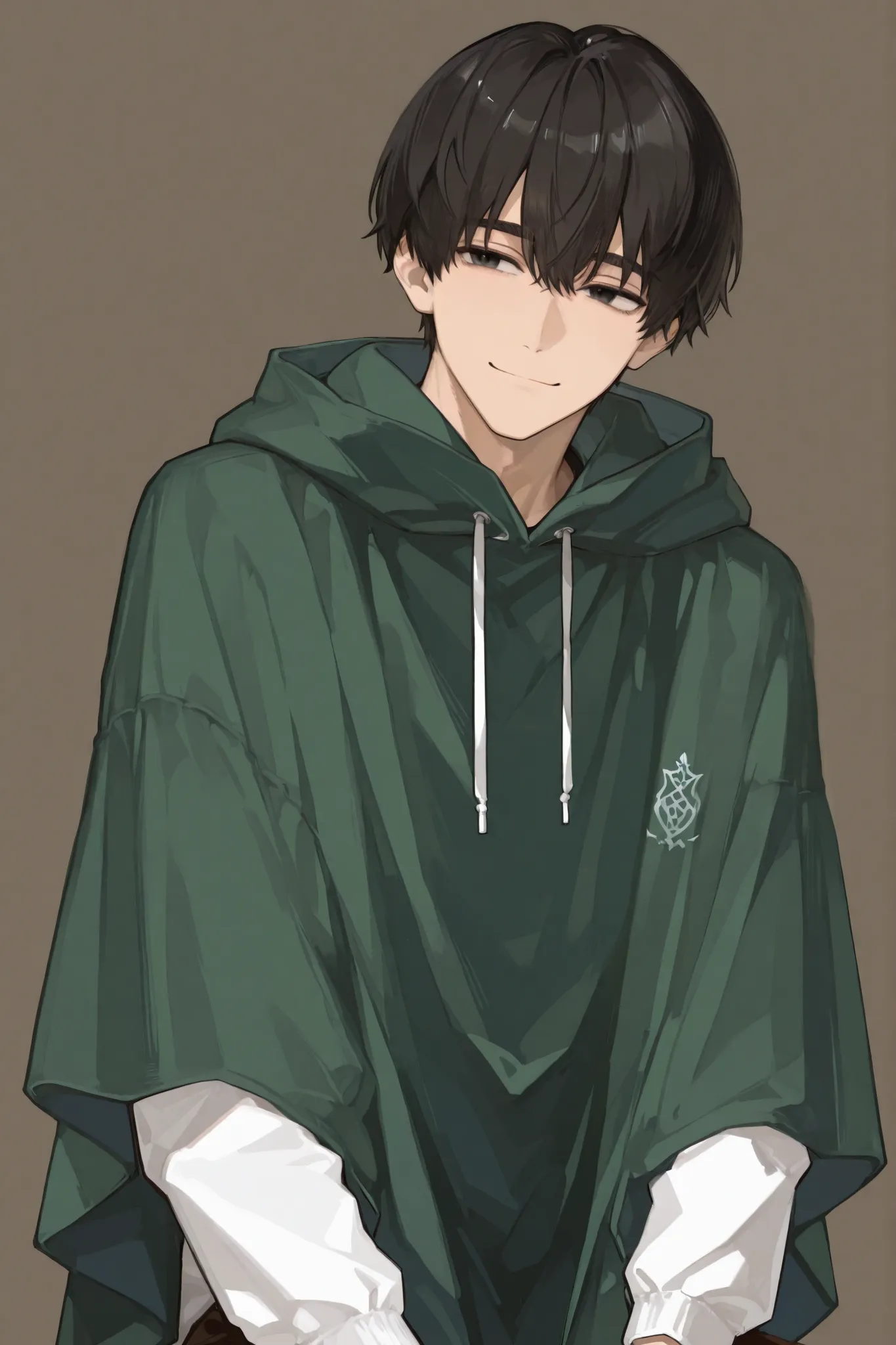 male,High School Student, brown ,white long sleeve with drawstring,Green Cloak,black eyes,confidence,happy, no background