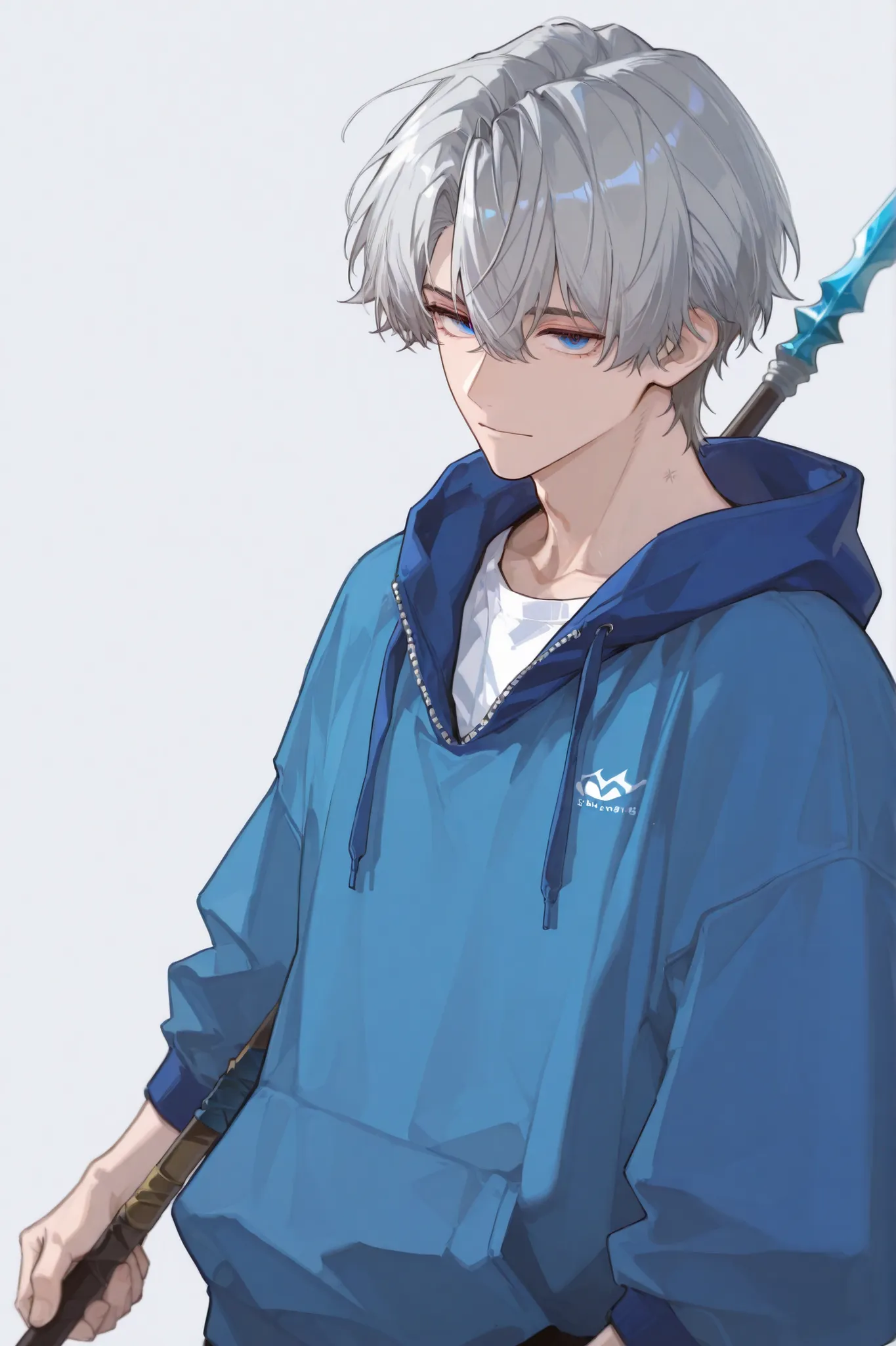 male,25 years old,gray hair, Blue Hoodie ,white shirt,blue eyes,Holding a spear, no background