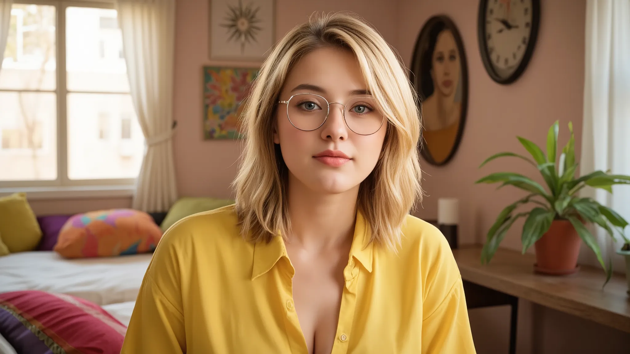 A beautiful young woman with soft wavy blonde hair and striking blue eyes, wearing a stylish yellow shirt and round glasses. She is standing directly facing the camera in a cozy, modern bedroom, her body and gaze aligned toward the lens with a gentle and c...