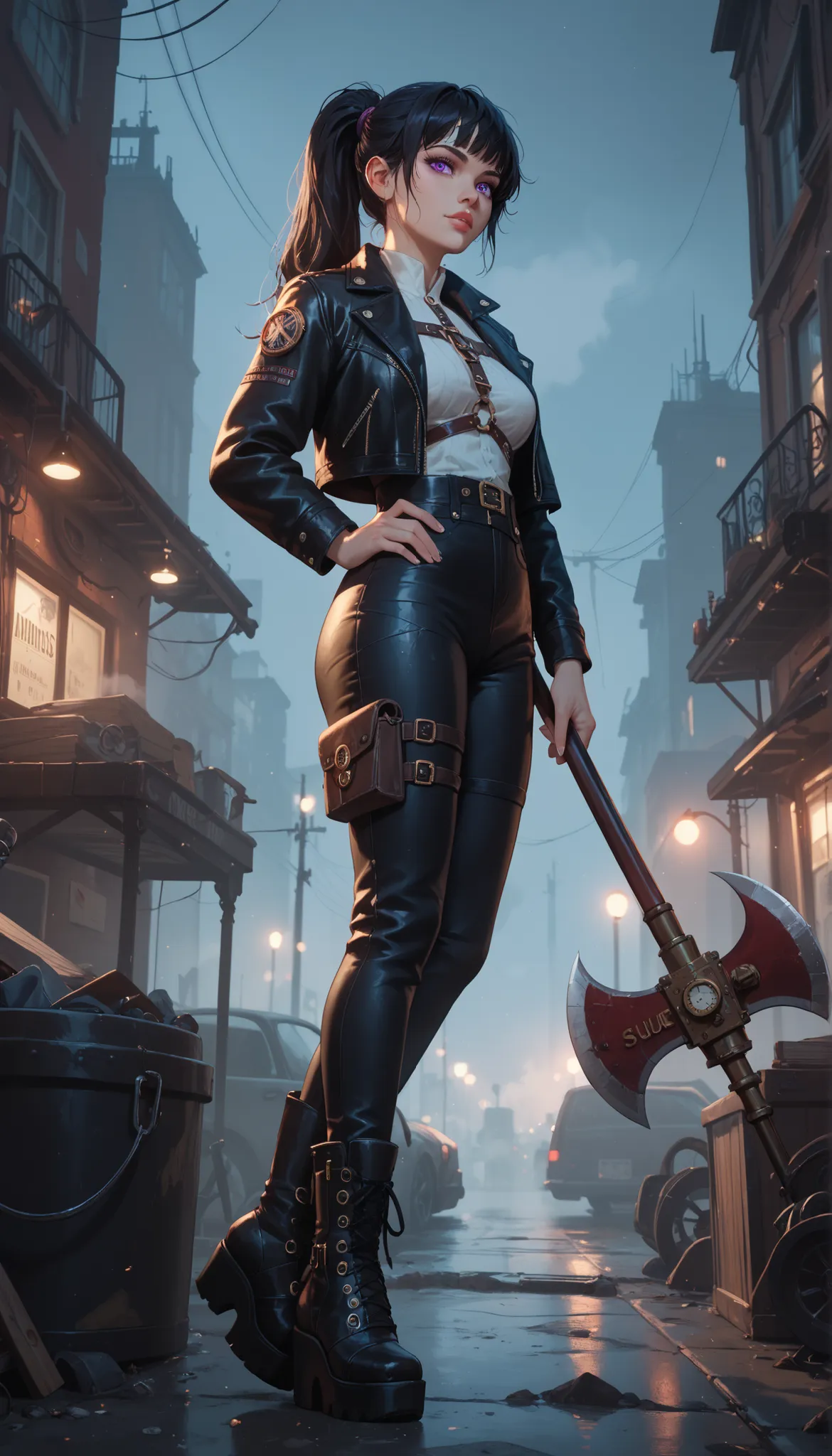 Arcane style, dark city, Night, steampunk city , snucleus_9,snucleus_8_up,nucleus_7_up, in a mystical style  ,1girl  ,  black hair, messy bangs, darkness, smog, fog,  Dark Composition , close up, red and blue tones, very sexy, violet eyes,  long hair ,  po...