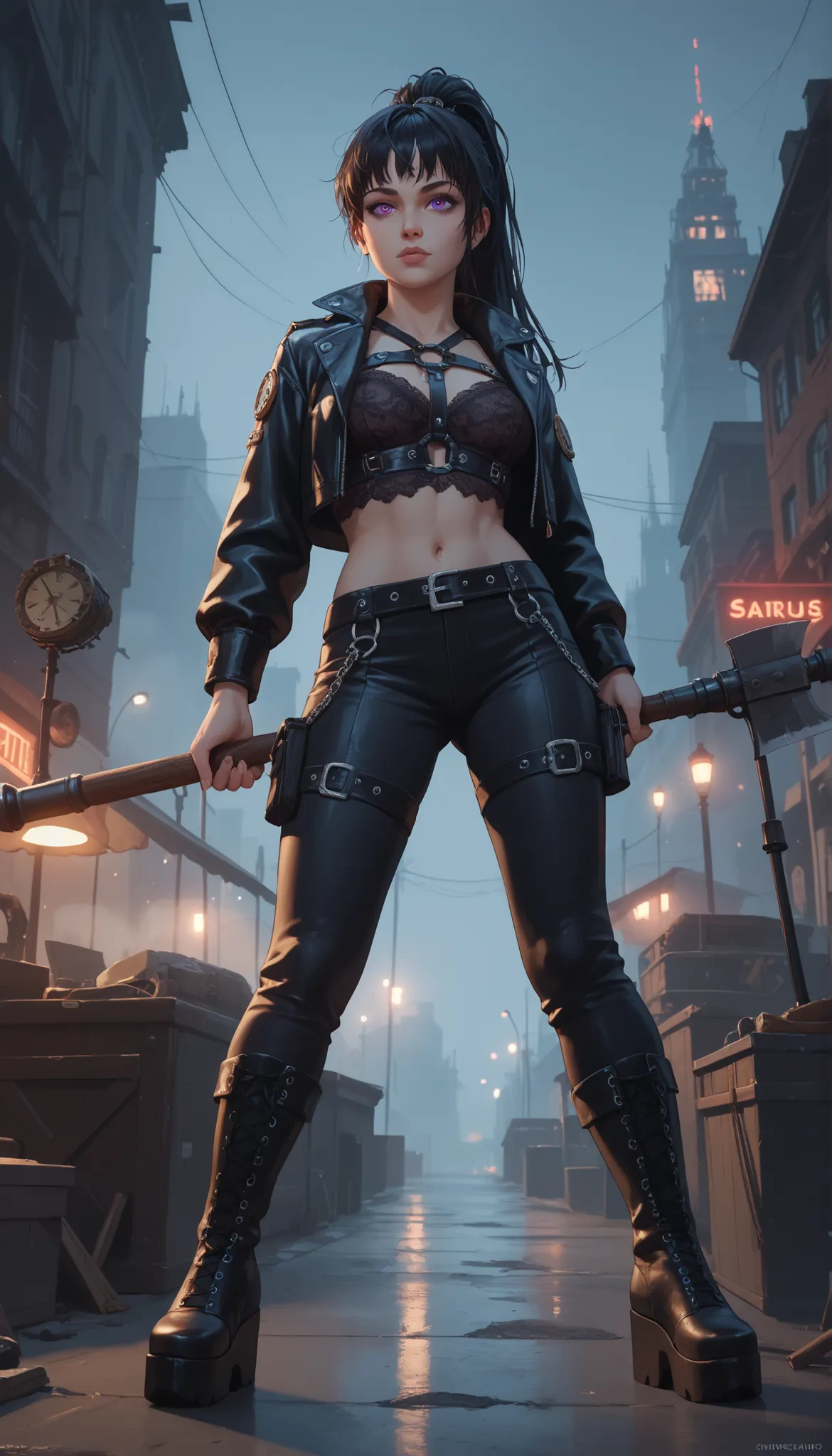 Arcane style, dark city, Night, steampunk city , snucleus_9,snucleus_8_up,nucleus_7_up, in a mystical style  ,1girl  ,  black hair, messy bangs, darkness, smog, fog,  Dark Composition , close up, red and blue tones, very sexy, violet eyes,  long hair ,  po...