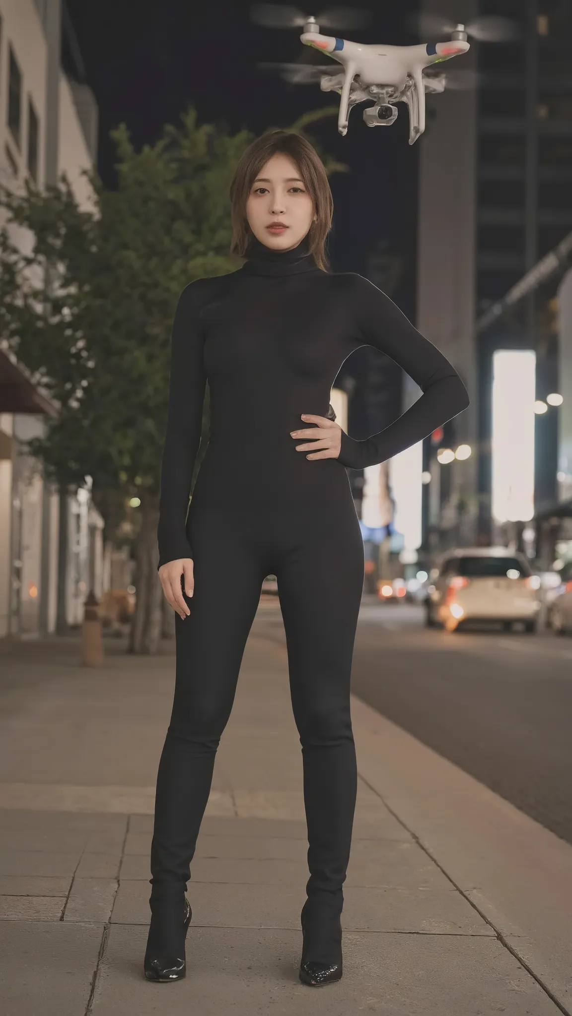 women wearing tight hijab named rio hikarunagi nanase, a photo of Kotone, beautiful face perfect, wearing high heels , background on sidewalk street with cinematic lighting, 1 drone flying over it
