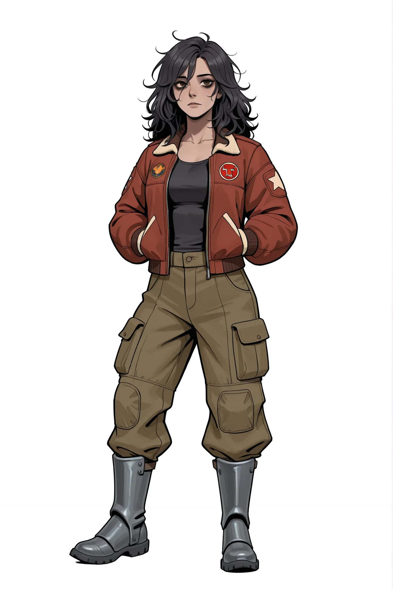 smuggler girl, dark messy hair, hazel eyes. tattered red bomber jacket, cargo pants, magnetic boots, portrait, hauling cargo