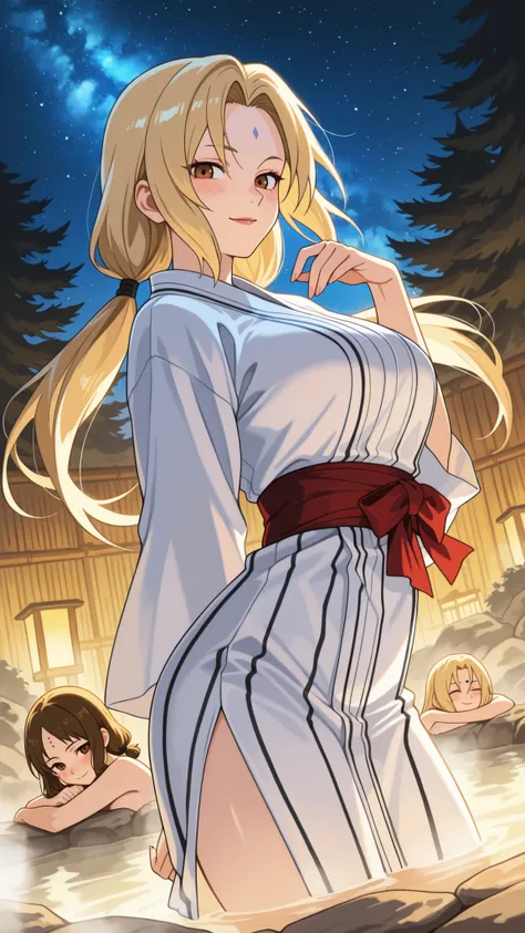 BREAK (masterpiece:1.2), best quality, high resolution, unity 8k wallpaper, (illustration:0.8), (beautiful detailed eyes:1.6),Traditional outdoor Japanese onsen at night, surrounded by natural rocks and pine trees, warm steam gently rising from the water,T...