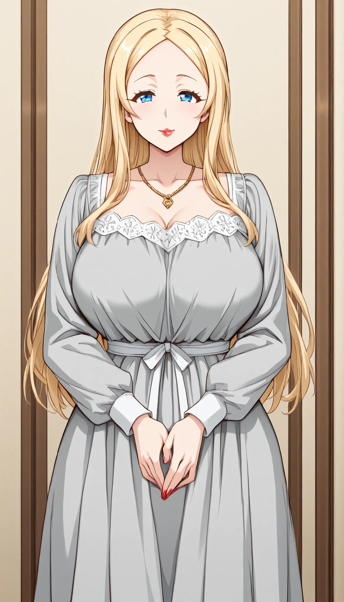 Tamanna Crusch - Kyonyuu Princess Saimin, beautiful perfectly curvy-voluptuous version, light-blonde hair, big blue eyes, red nails, plump glossy bimbo red lips, and extremely fair white pale natural skin. She's wearing a revealing skimpy transparent white...
