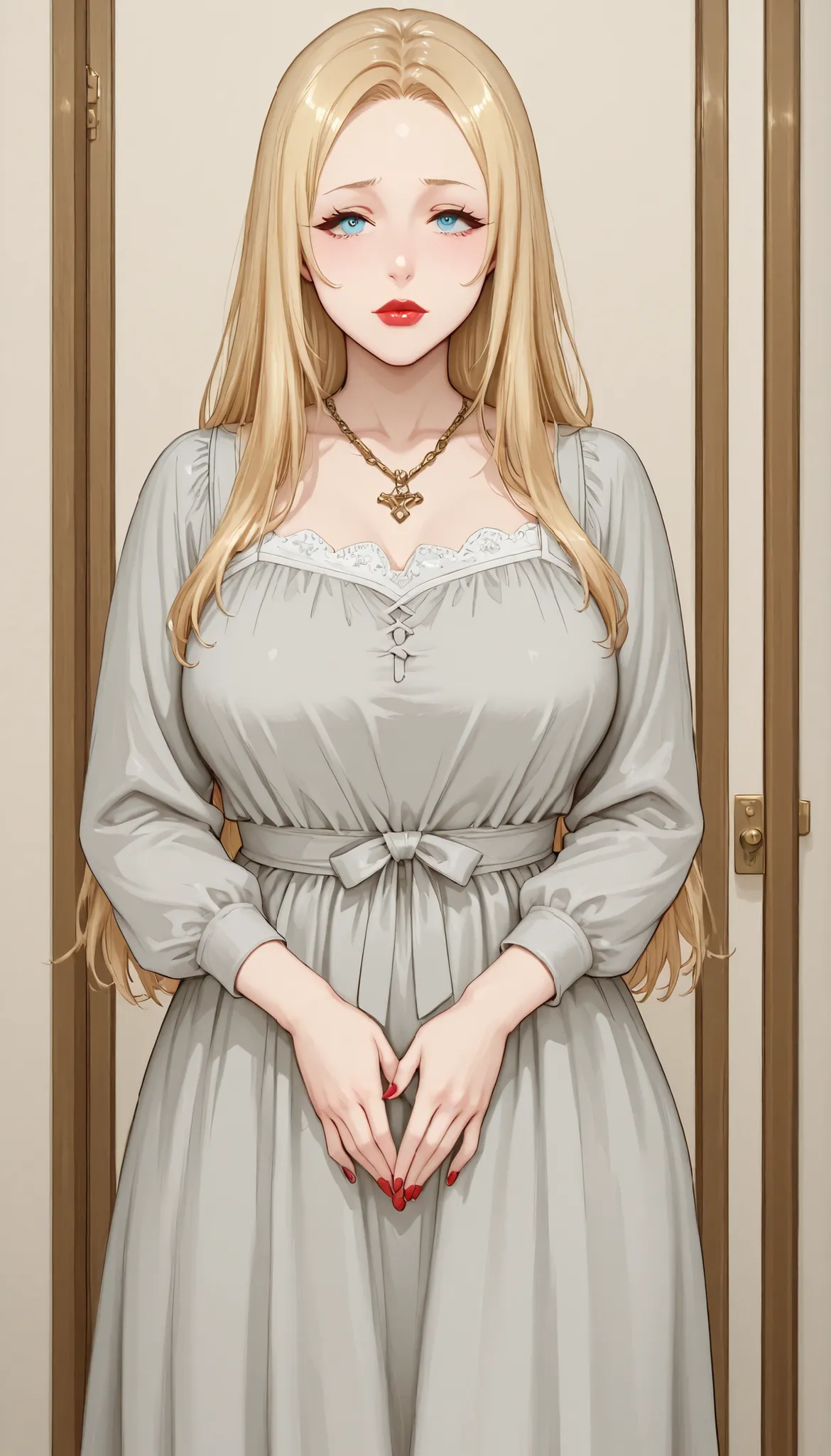 Tamanna Crusch - Kyonyuu Princess Saimin, beautiful perfectly curvy-voluptuous version, light-blonde hair, big blue eyes, red nails, plump glossy bimbo red lips, and extremely fair white pale natural skin. She's wearing a revealing skimpy transparent white...