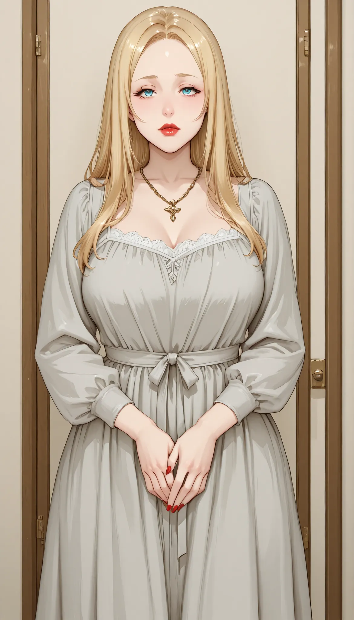 Tamanna Crusch - Kyonyuu Princess Saimin, beautiful perfectly curvy-voluptuous version, light-blonde hair, big blue eyes, red nails, plump glossy bimbo red lips, and extremely fair white pale natural skin. She's wearing a revealing skimpy transparent white...