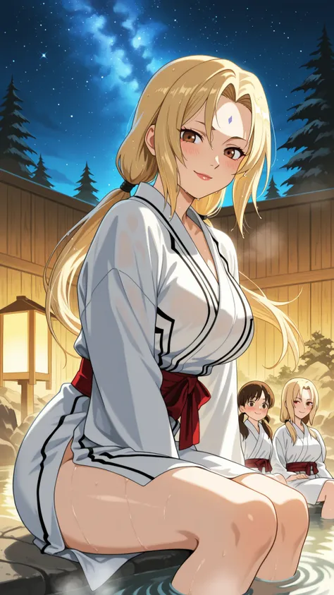 BREAK (masterpiece:1.2), best quality, high resolution, unity 8k wallpaper, (illustration:0.8), (beautiful detailed eyes:1.6),Traditional outdoor Japanese onsen at night, surrounded by natural rocks and pine trees, warm steam gently rising from the water,T...