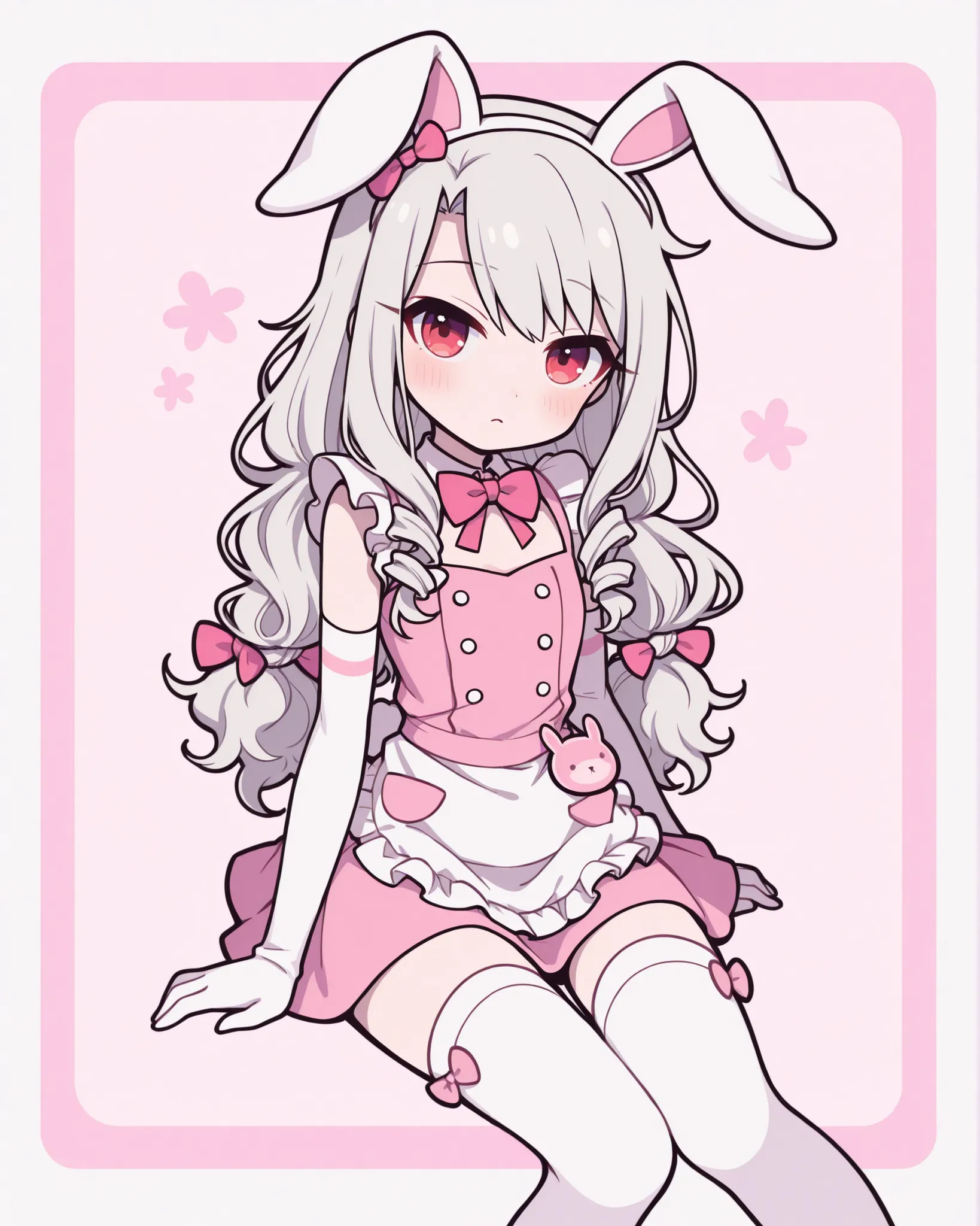 Anime girl inspired by Illyasviel von Einzbern wearing a cute bunny café uniform, stylized in soft shojo anime illustration, pastel pink and white short dress with ribbons and frills, bunny ears headband, long silver hair tied in soft curls, white gloves a...
