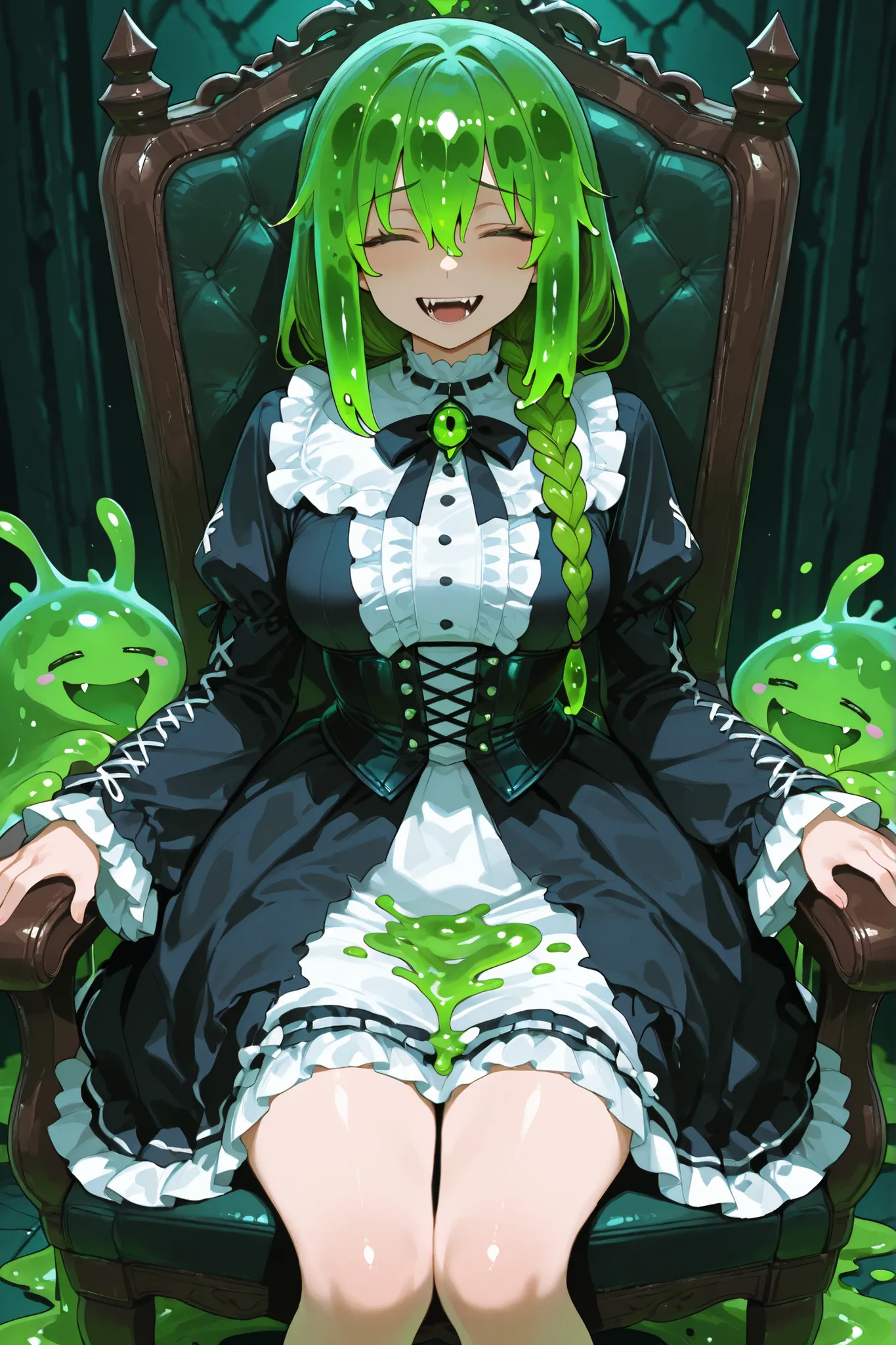 Gothic dress girl. Girl and slime monster. Green hair. Single braid. Laughing. Black clothes. White frills. Sitting on a chair. Monster peering from behind. Monster fangs. Dark green slime. Shoggoth. Melting clothes.