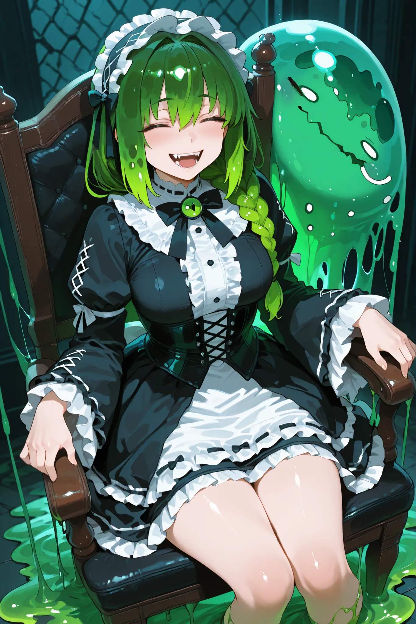 Gothic dress girl. Girl and slime monster. Green hair. Single braid. Laughing. Black clothes. White frills. Sitting on a chair. Monster peering from behind. Monster fangs. Dark green slime. Shoggoth. Melting clothes.