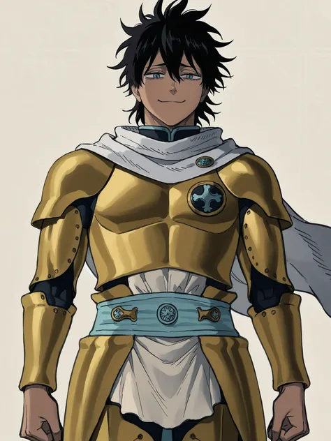 ((mature male)), ((fantasy clothing)), ((flowing scarf)),  ((gold armor)),  ((dark skin)), ((black hair)), ((hair down)), ((blue eyes)), ((muscular arms)),  ((cheerful expression)), ((in the artstyle of Black Clover)),((daytime background)), 1boy, beautifu...