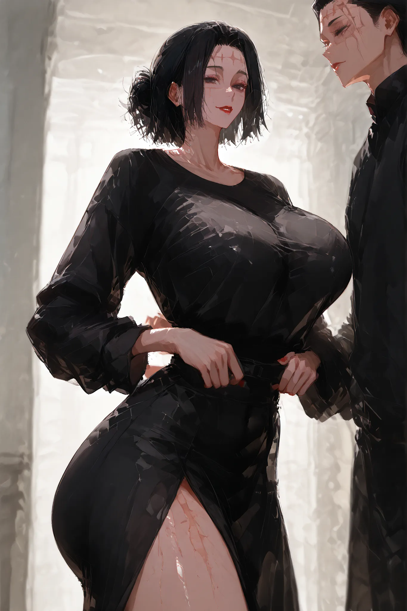 Kenjaku (Kaori Itadori) Sexy woman black eyes medium hair bun forehead scar Dongtan black dress red lipstick big butt long leg big breast standing in front. hands on the back (jujutsu kaisen).