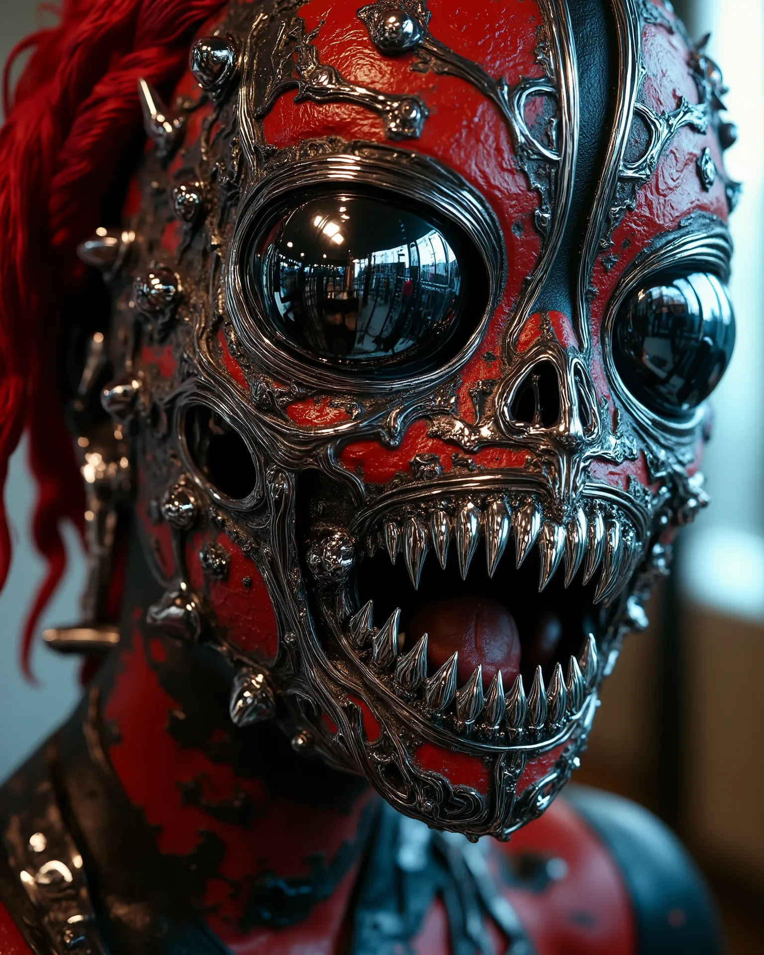 A Close-up of the, Jim Burns punk style, Russian model with her hidden face with a chrome mask, shows us her barbed heart with hundreds of steel thorns, design has chrome pieces inside., The masterpiece of the art