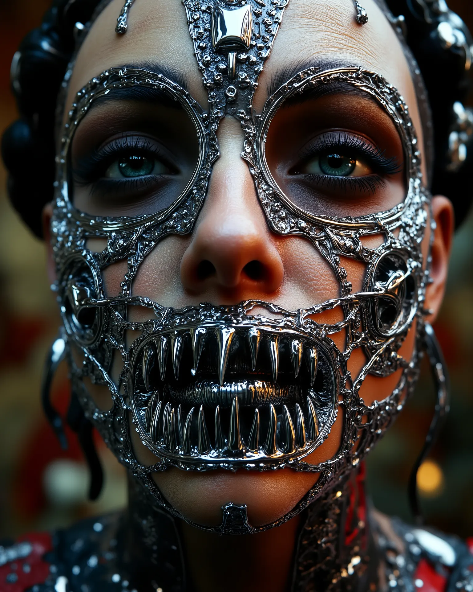 A Close-up of the, Jim Burns punk style, Russian model with her hidden face with a chrome mask, shows us her barbed heart with hundreds of steel thorns, design has chrome pieces inside., The masterpiece of the art