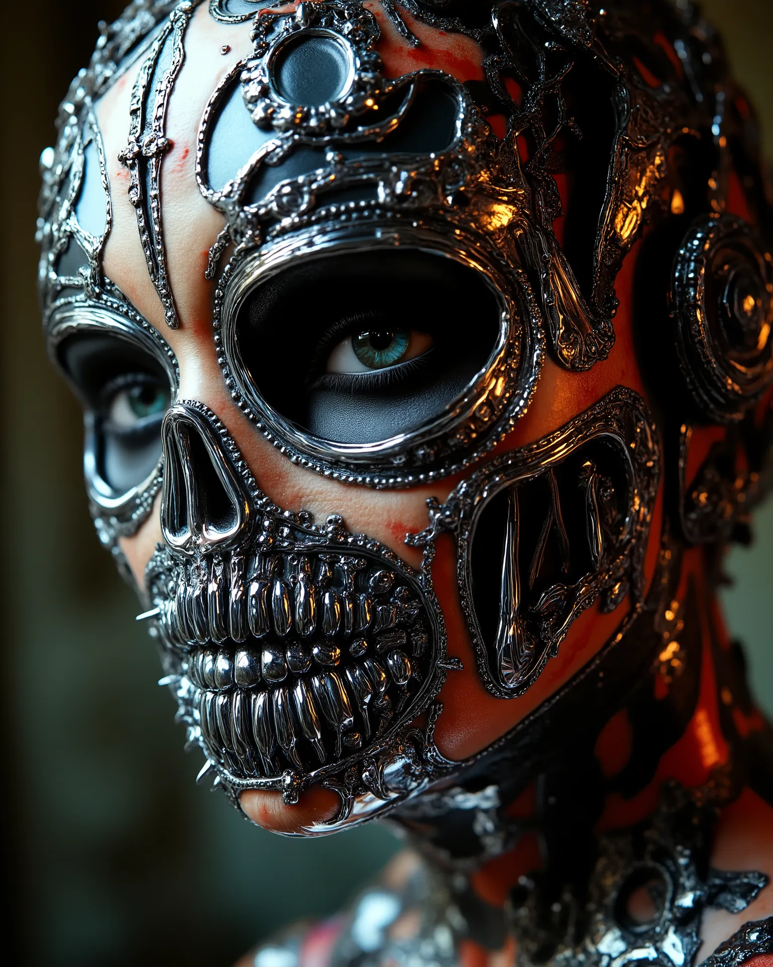 A Close-up of the, Jim Burns punk style, Russian model with her hidden face with a chrome mask, shows us her barbed heart with hundreds of steel thorns, design has chrome pieces inside., The masterpiece of the art