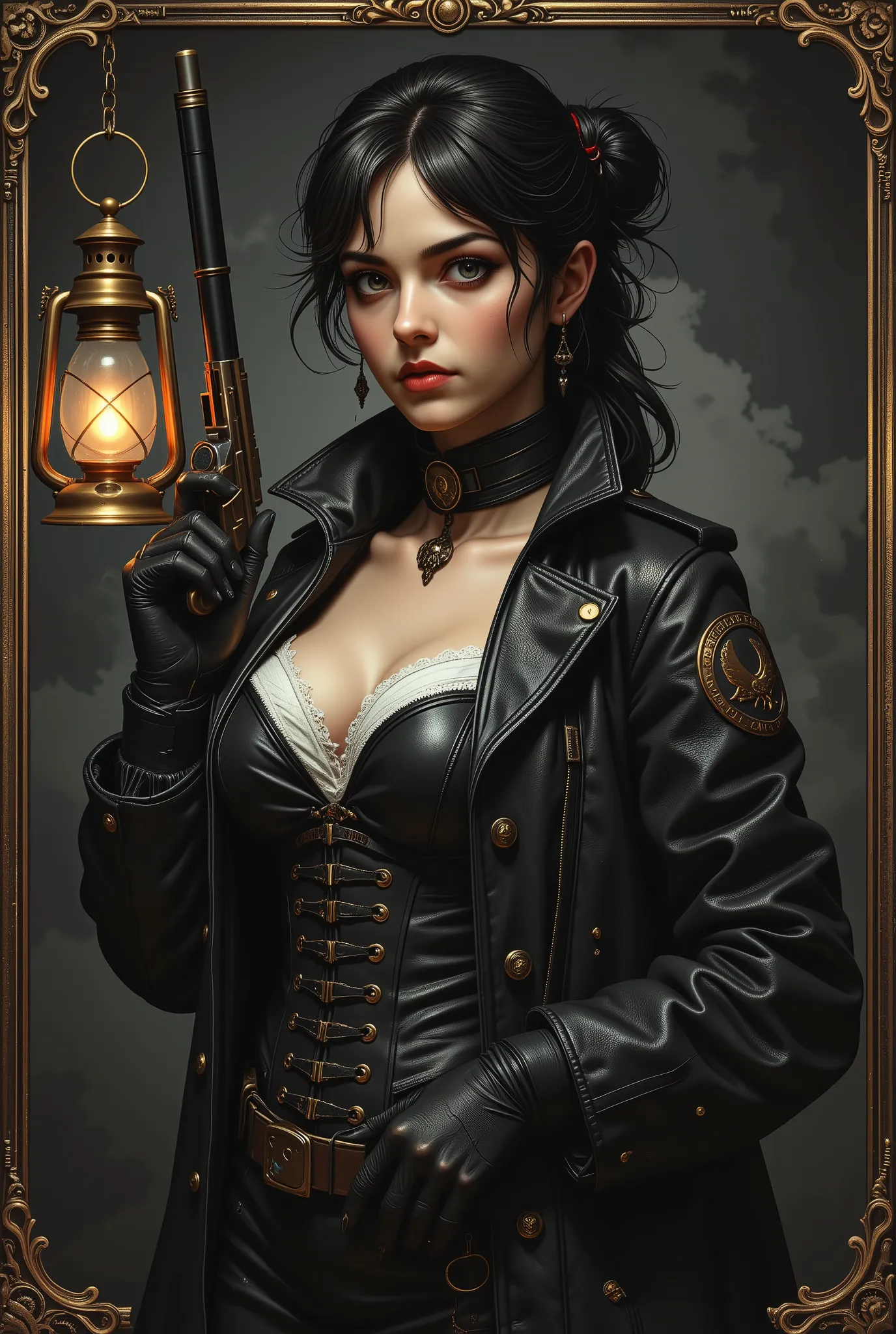 Um cativante, young adult female steampunk detective with a tall stature, hourglass figure — large breasts, cintura pequena, wide hips — it is in a dark environment, Three-Quarter Portrait, her eyes narrowed with severe determination. Her gothic dress is f...