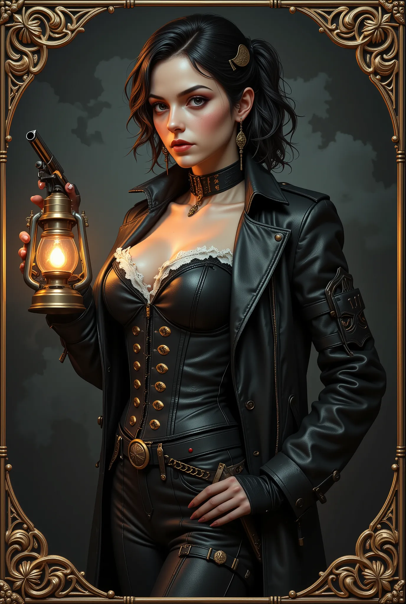 Um cativante, young adult female steampunk detective with a tall stature, hourglass figure — large breasts, cintura pequena, wide hips — it is in a dark environment, Three-Quarter Portrait, her eyes narrowed with severe determination. Her gothic dress is f...