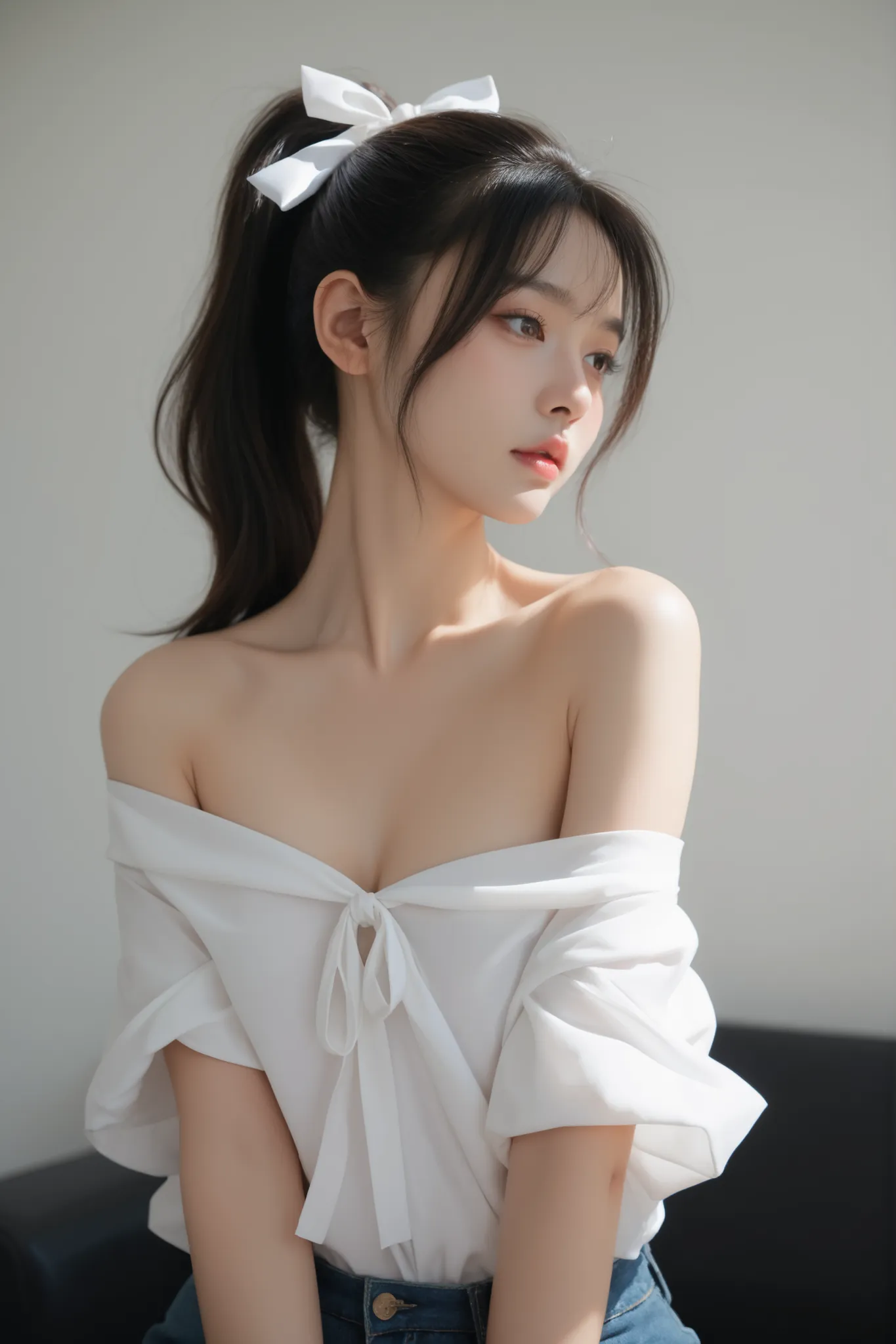 beautiful girl with dark hair　Teen　very embarrassing　Slender　white ribbon scrunchies　ponytail　Off Shoulder