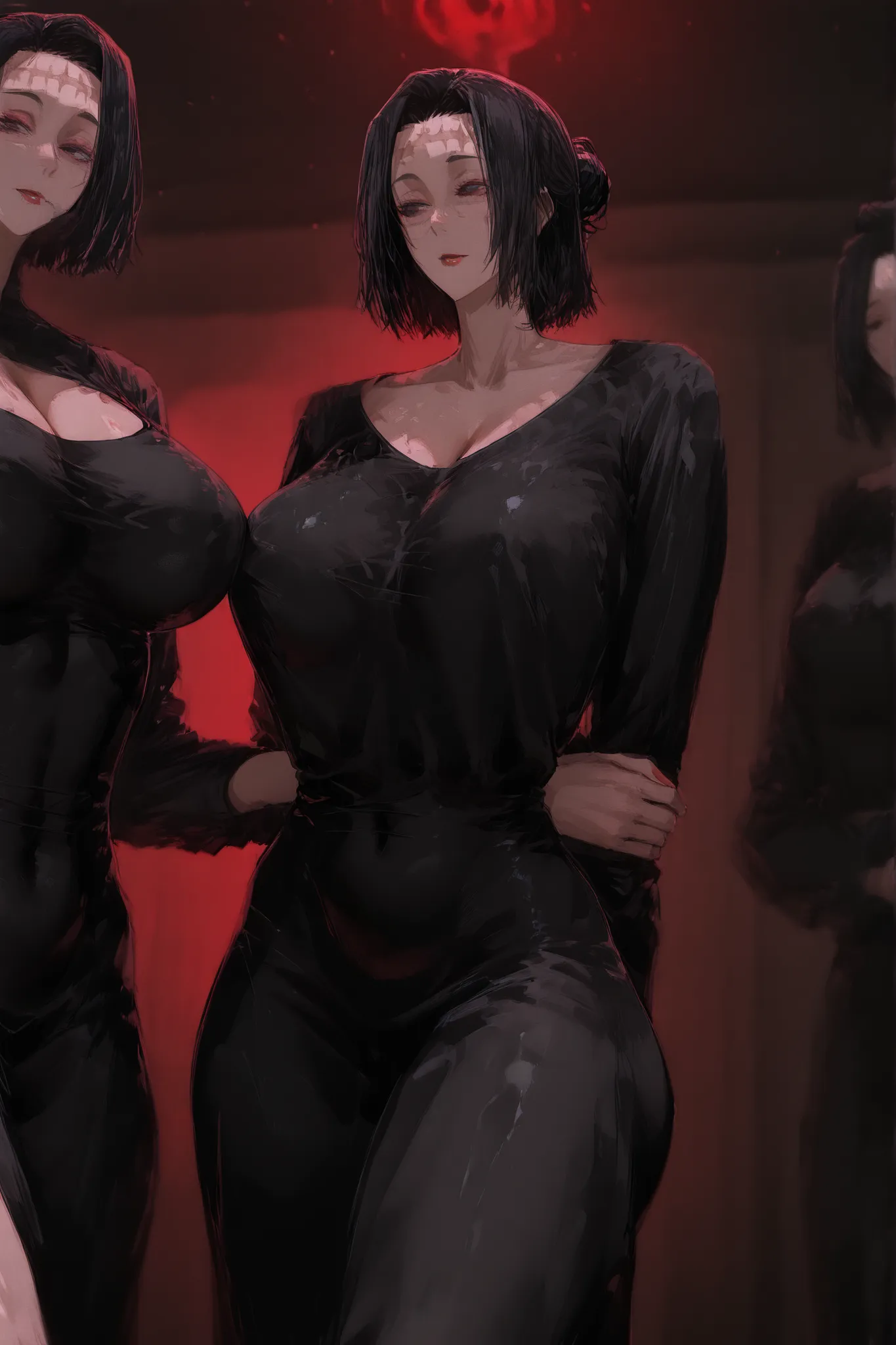 obra-prima Kenjaku (Kaori Itadori) (uma mulher) Sexy black eyes medium hair bun forehead scar Dongtan black dress red lipstick big ass long leg big breast standing in front, With hands behind your back (jujutsu kaisen).