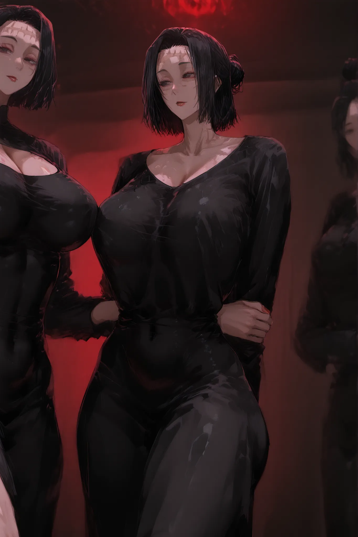 obra-prima Kenjaku (Kaori Itadori) (uma mulher) Sexy black eyes medium hair bun forehead scar Dongtan black dress red lipstick big ass long leg big breast standing in front, With hands behind your back (jujutsu kaisen).