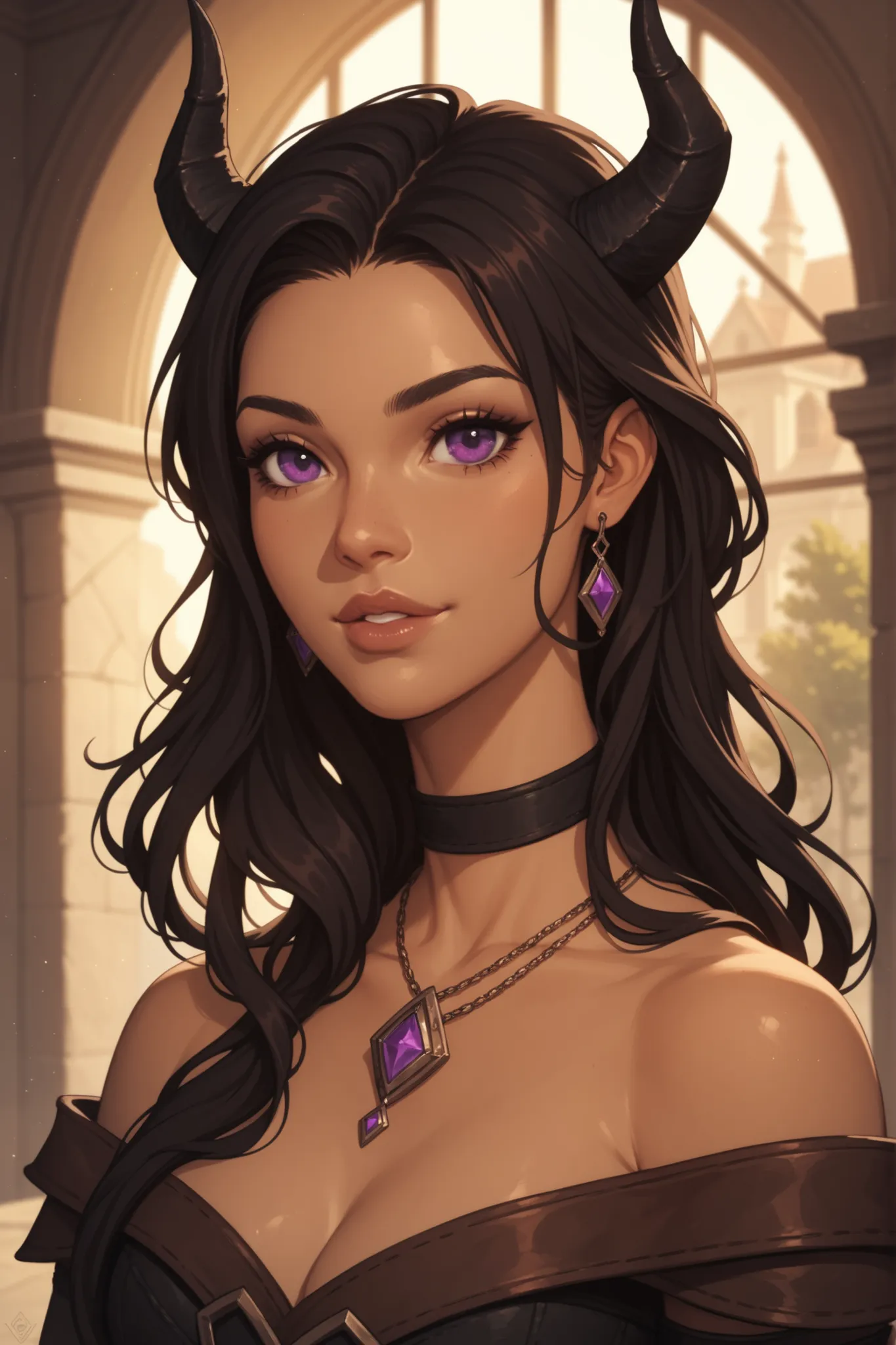 1girl, cute, black devil horns, short horns, 20 years old, lips, brown skin, black hair, medium-long hair, purple eyes, gentle curves, slim, rogue, beautiful, fantasy, RPG