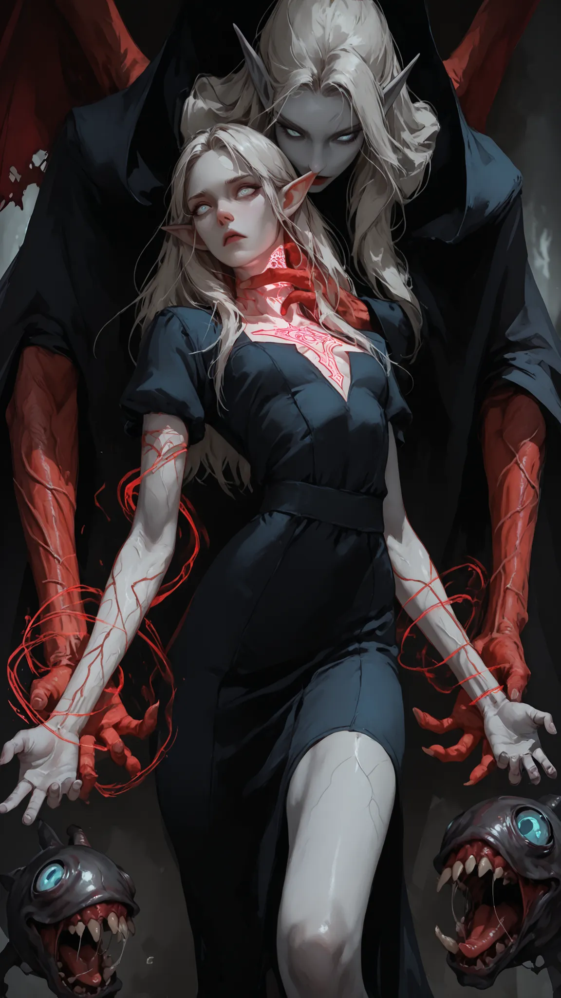female focus, pale grey skin, visible veins, red veins on arms, red veins on neck, haunted, secretive demeanor, light blue eyes, platinum blonde, svelte, elf, tall, slender, dark palace, magic, slim waist, modest dress, young, action pose, casting, magical...