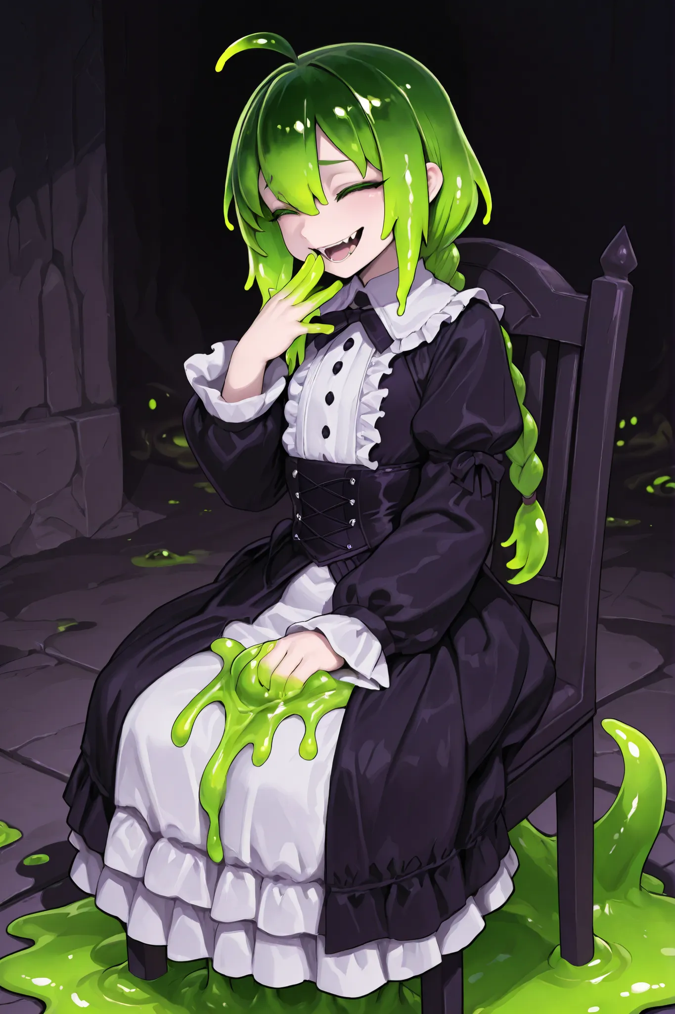 Gothic dress girl. Girl and slime monster. Green hair. Single braid. Laughing. Black clothes. White frills. Sitting on a chair. Monster peering from behind. Monster fangs. Dark green slime. Shoggoth. Melting clothes.