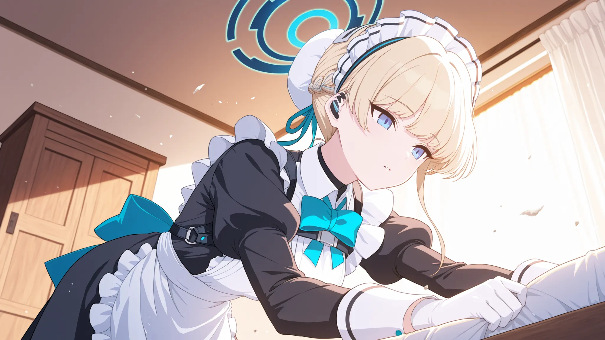 1 girl , 　 of course house (Asuka Toki)-　blue archive (blue archive)　　Out 　a beautiful anime maid girl with short blonde hair, french braid, wearing a frilly white and black maid outfit with teal blue ribbon accents, long white gloves, and a headband. She ...