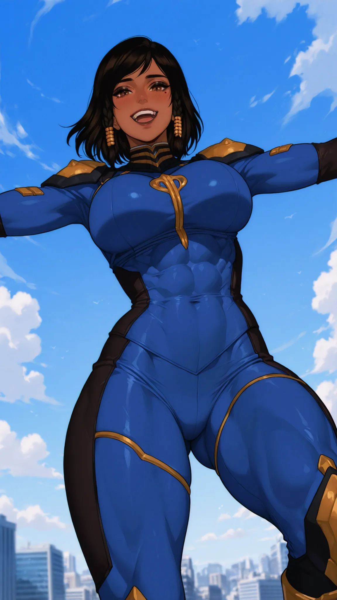 Flat color—  pharah, large breasts, brown hair, black hair, short hair, dark eyes, brown eyes, black eyeliner, dark skin, dark-skinned female, slim, fit, athletic:1.2, sky, muscular_female, short_hair, black_hair, breasts, muscular, open_mouth, blue_sky, d...
