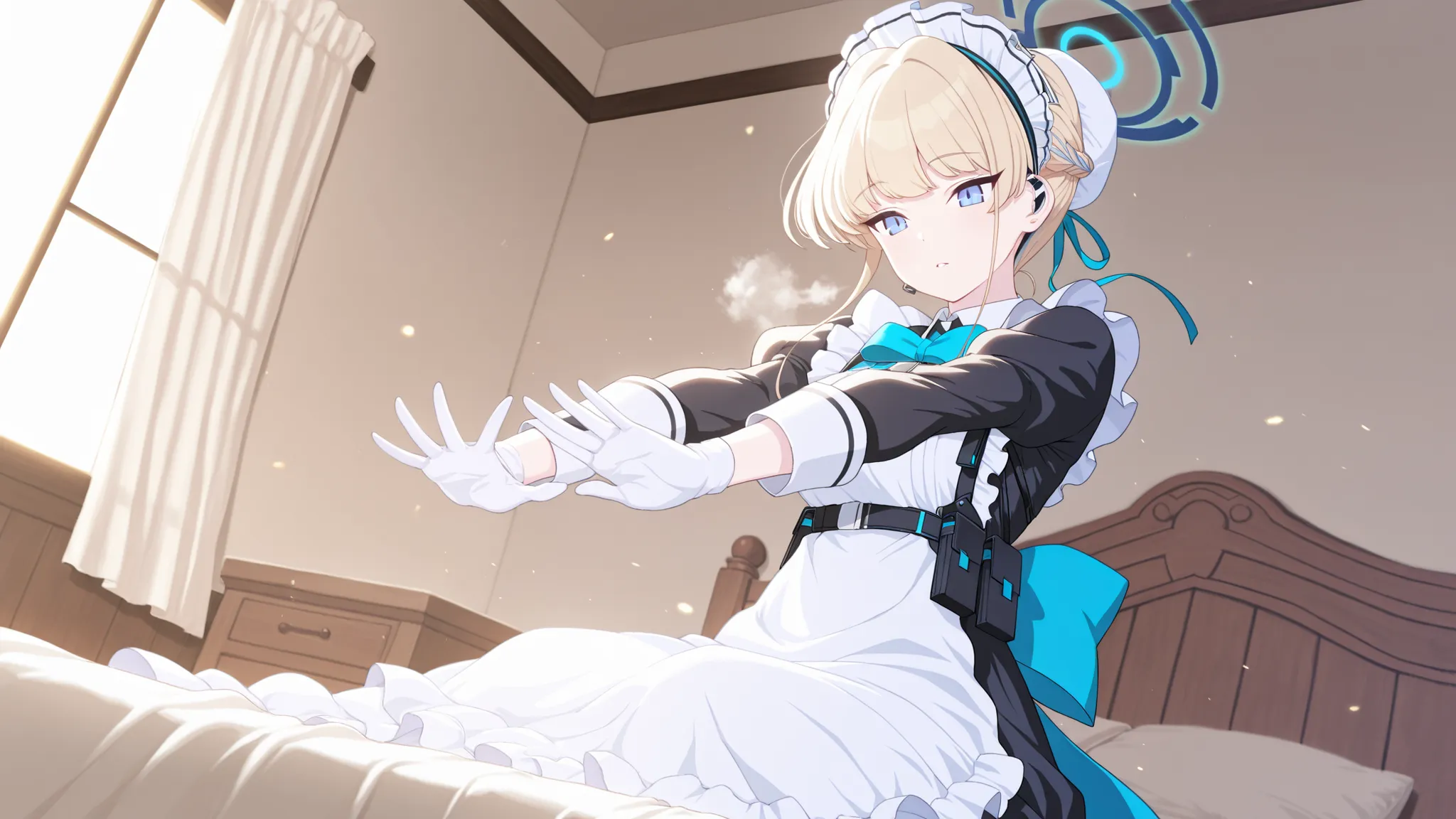 1 girl , 　 of course house (Asuka Toki)-　blue archive (blue archive)　　Out 　a beautiful anime maid girl with short blonde hair, french braid, wearing a frilly white and black maid outfit with teal blue ribbon accents, long white gloves, and a headband. She ...