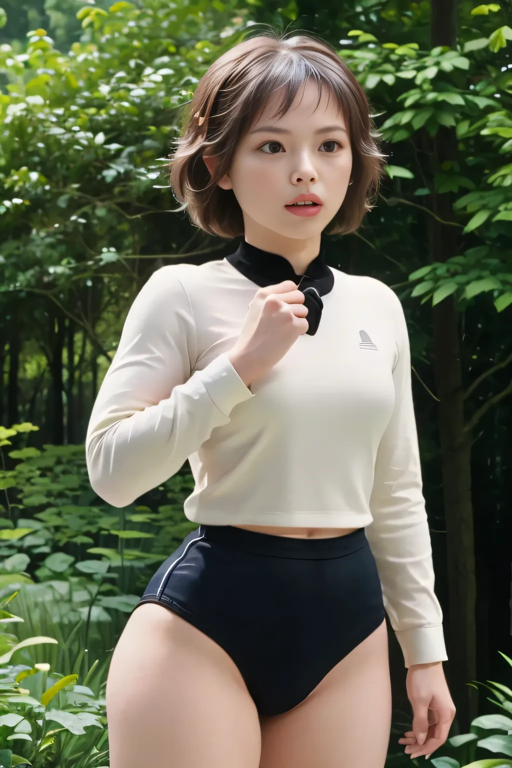 (masterpiece, highest quality), 1 girl, beautiful face, beautiful body,  wearing a Black gymnastics bloomers, High leg、white blouse,    cowboy shot、Are standing、full body portrait、alone, complex details, enlarged textures, complex details, finely detailed ...