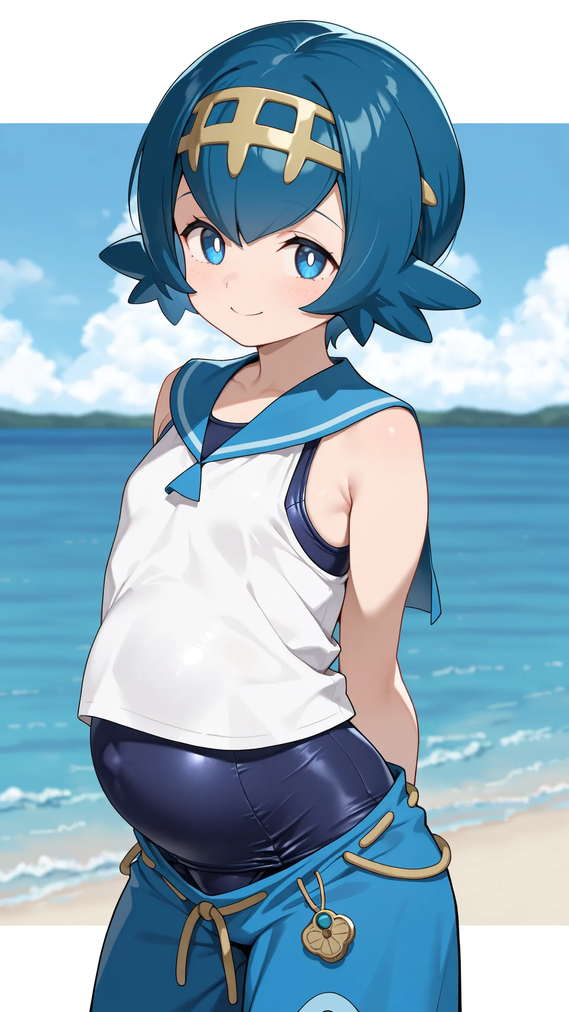 (masterpiece, best quality, good quality, very aesthetic, absurdres, newest:1.2), (curvy, medium breasts),  zzLana, yellow hairpiece, blue hair,   white shirt, sleeveless shirt,  sailor collar, blue pants, baggy pants,   smile, looking at viewer, cowboy sh...