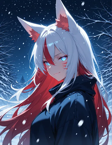 1girl, fox ears, red and blue eyes, glowing eyes, white hair, red hair, hair between eyes, closed mouth, multicolored hair, red whisker markings, upper body, looking at viewer, from side, snowing, smirk, night, dark, masterpiece, 