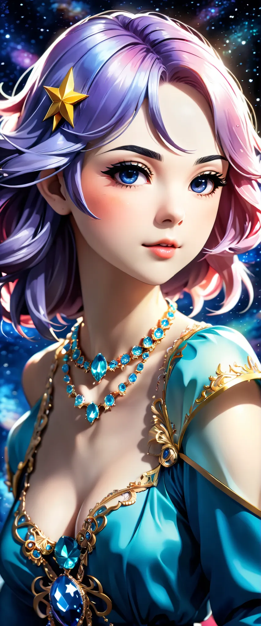 Close-acima portrait:Stunning anime girl with space-colored hair and necklace (acima_PortraitClose price:1.3)Govez} Charming anime girl with vibrant space-colored hair、Ross Desenha' macio vitalidade(Ross Desenha_macio_vitalidade:1.5)、Govez(Govez_estilo...