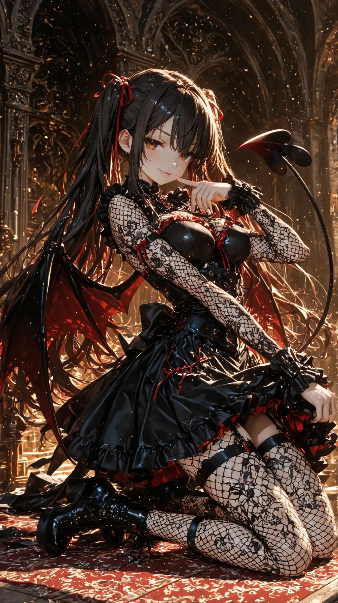 1girl , solo , Akizuki Noah_Liar , orange twin tails , String Hair Ribbon , brown eyes ,   gothic mini dress  , fishnet bodystocking , High Waist Garter Belt ,   Demon Wings , Demon Tail , Glamour , 
BREAK , 
kneeling pose , smug , watching viewers , Twist...