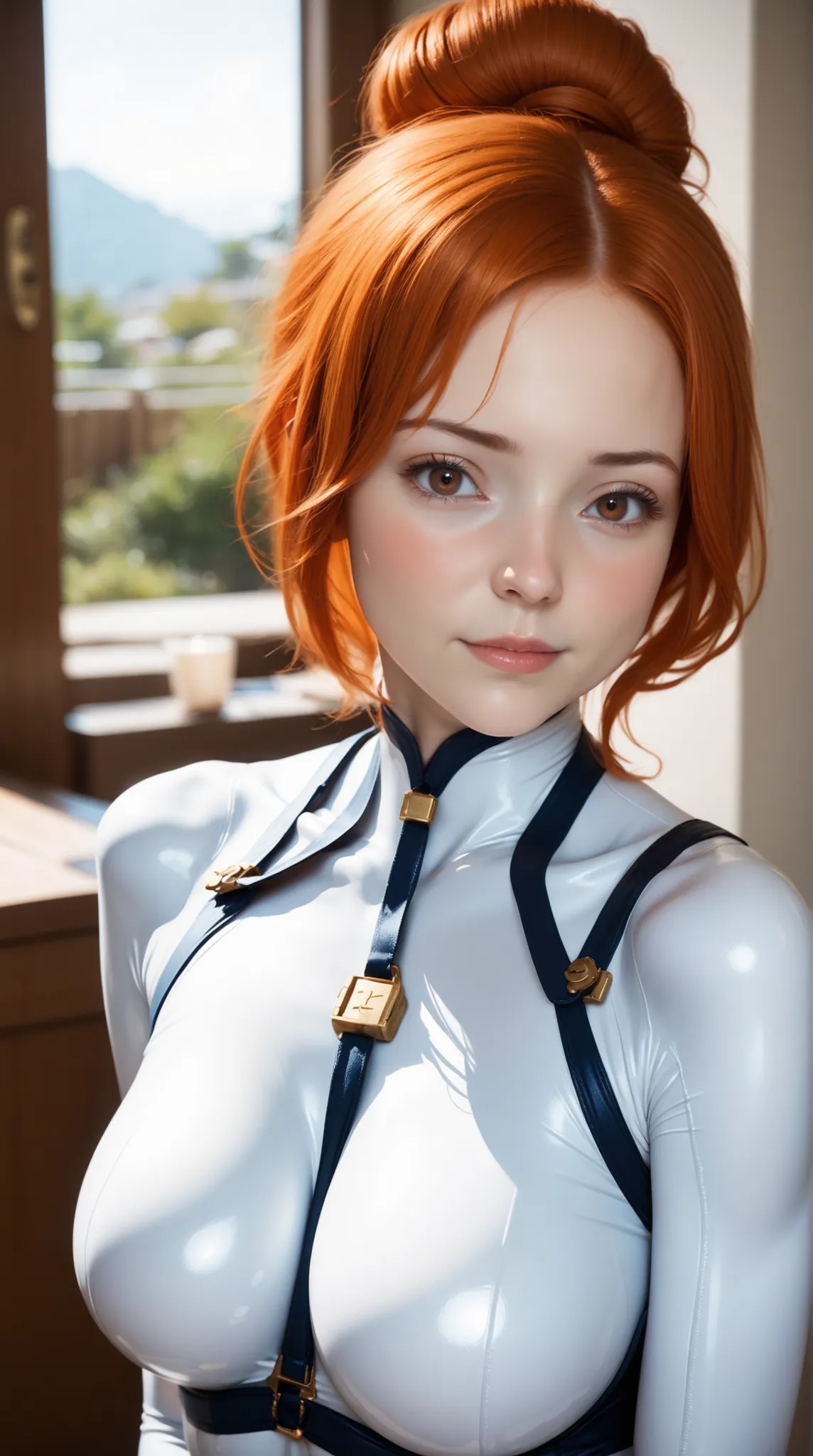 (Mathieu Pieces:1.1), (top quality:1.1,  super realistic , Realistic), Full Body, short hair, good anatomy, hair bun,, (One girl:1.2), (Detailed face and eyes:1.25), solo, orange hair, brown hair, brown eyes, (big boobs:1.3), ((white skin tight bodysuit:1....