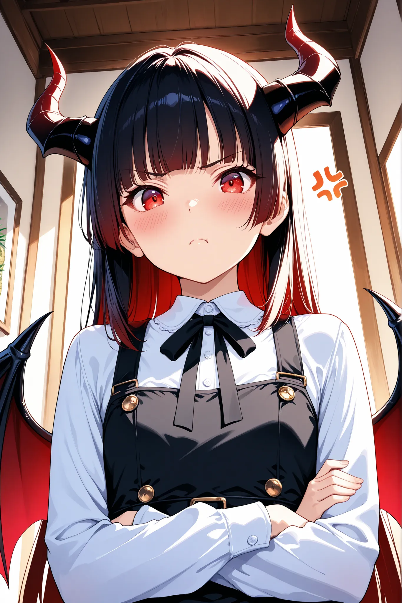 1 adult female,straight hair,Home Cut,black to red hair gradient,Demon Horn,black to red horn gradient,Demon Wings,Round eyes,Red Eyes,long pineapple dress,(flat chest),Angry Muscles,blush,cross your arms under your chest,watching viewers,closeup face,from...