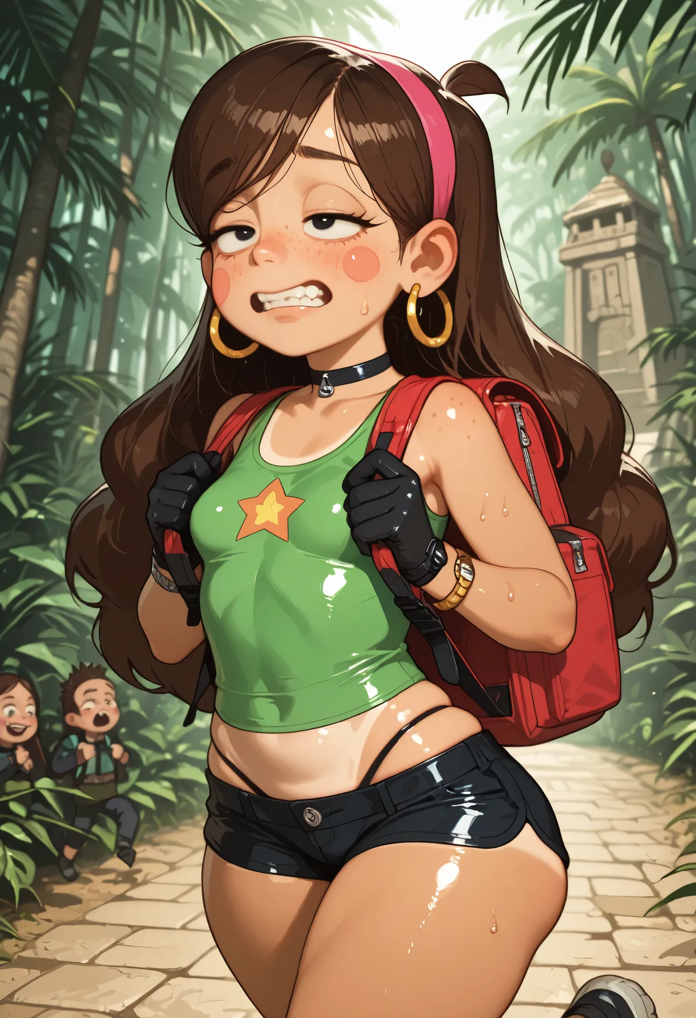 Mabel Pines, blush stickers, brown hair. black eyes. half-closed eyes, small breasts, huge hips. gigantic ass. long eyelashes, choker. | tight thin tiny green tank top, tanlines, profuse sweat, short black jean booty shorts, micro shorts, thong peek, scar...